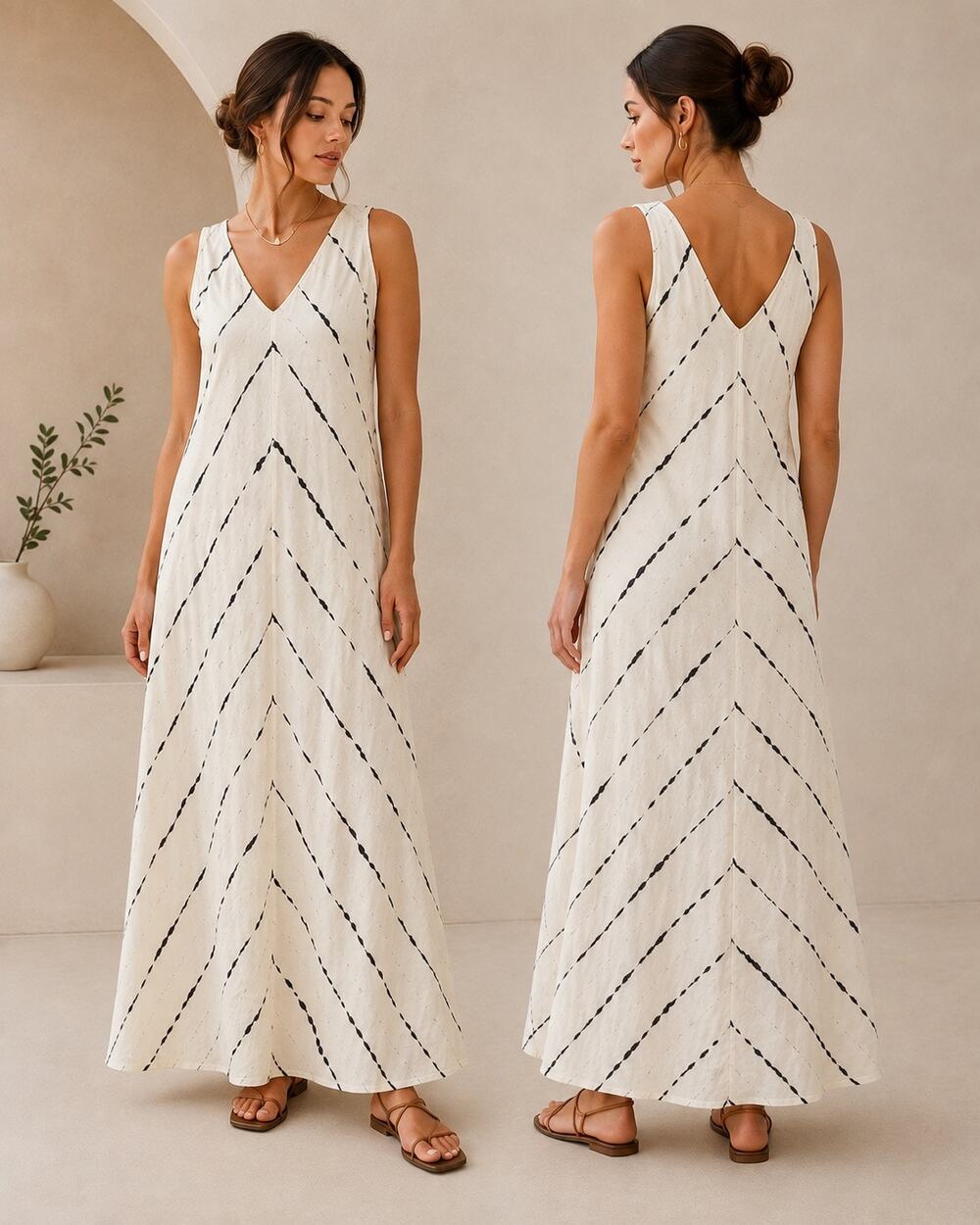 Simply Vera Vera Wang Size M Ivory Linen Rayon V-Neck Pull-On Midi Dress